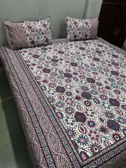ArtbyKAMASK 100% Organic Cotton Hand Block Printed Double Bed Sheet - 210 TC Double Bed Sheet in King Size - Size - 108 X 108 Inches 274 x 274 cms) - 1 Bedsheet and 2 Pillow Covers - Jivika Blue + 2 Variants