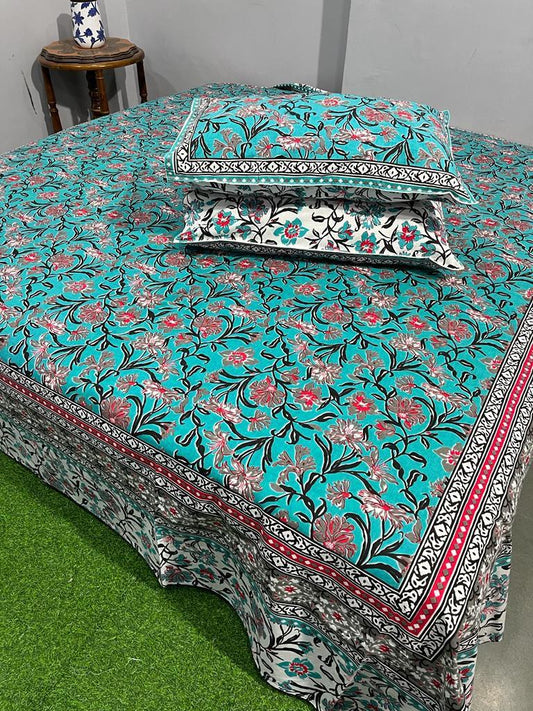 ArtbyKAMASK 100% Organic Cotton Hand Block Printed Double Bed Sheet I 210 TC Double Bed Sheet in King Size I Size - 108 X 108 Inches 274 x 274 cms) I 1 Bedsheet and 2 Pillow Covers I Rekha Teal + 2 Variants