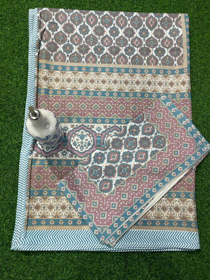 ArtbyKAMASK 100% Organic Cotton Hand Block Printed Double Bed Sheet - 210 TC Double Bed Sheet in Queen Size - Size - 90 X 108 Inches (228 x 274 cms) - 1 Bedsheet and 2 Pillow Covers - Ridhima Yellow & Blue