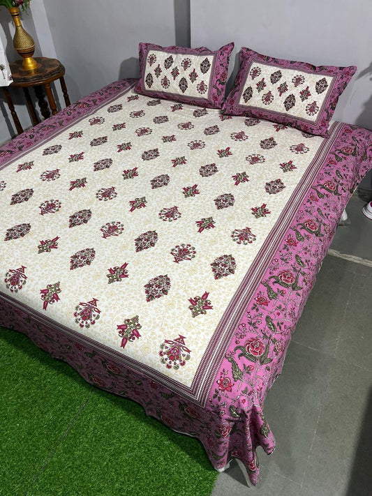 Hand-block printed organic cotton bed sheet, queen size, with traditional Bagru design by ArtbyKAMASK.
