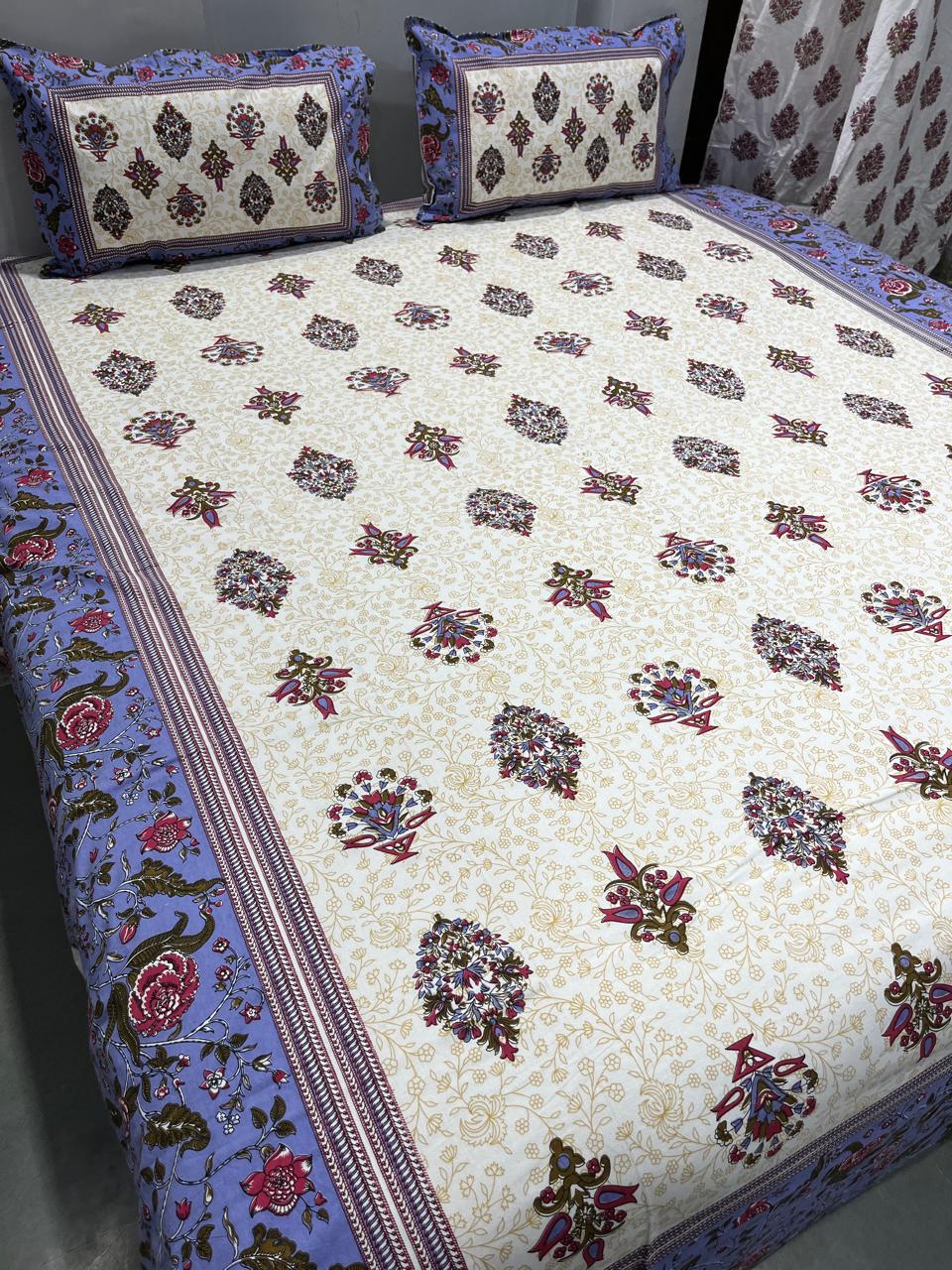 ArtbyKAMASK queen size bed sheet,green, pink blue and many colors hand-block print on organic cotton, with classic Bagru patterns.