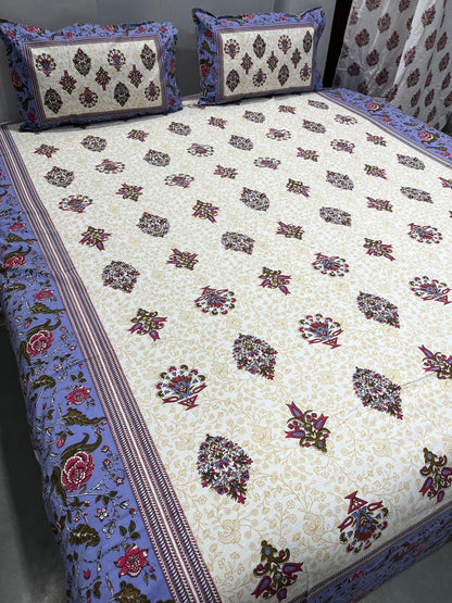 ArtbyKAMASK queen size bed sheet,green, pink blue and many colors hand-block print on organic cotton, with classic Bagru patterns.
