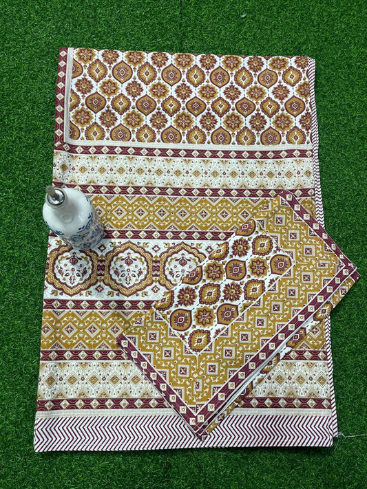 ArtbyKAMASK 100% Organic Cotton Hand Block Printed Double Bed Sheet - 210 TC Double Bed Sheet in Queen Size - Size - 90 X 108 Inches (228 x 274 cms) - 1 Bedsheet and 2 Pillow Covers - Ridhima Yellow & Blue
