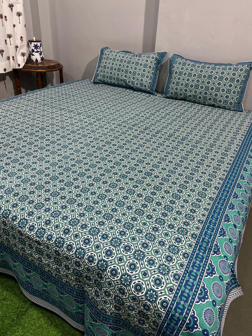 ArtbyKAMASK 100% Organic Cotton Hand Block Printed Double Bed Sheet - 210 TC Double Bed Sheet in Queen Size - Size - 90 X 108 Inches (228 x 274 cms) - 1 Bedsheet and 2 Pillow Covers - Roshini Green + 4 Variants