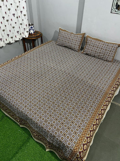 ArtbyKAMASK 100% Organic Cotton Hand Block Printed Double Bed Sheet - 210 TC Double Bed Sheet in Queen Size - Size - 90 X 108 Inches (228 x 274 cms) - 1 Bedsheet and 2 Pillow Covers - Roshini Green + 4 Variants