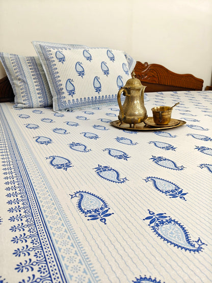 ArtbyKAMASK 100% Organic Cotton Hand Block Printed Double Bed Sheet I 210 TC Double Bed Sheet in Queen Size I Size - 90 X 108 Inches (228 x 274 cms) I 1 Bedsheet and 2 Pillow Covers I Sheetal Blue & White