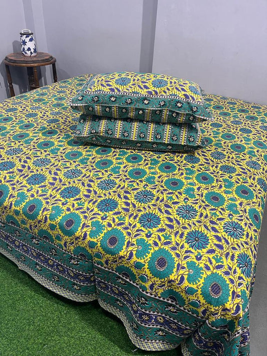 ArtbyKAMASK 100% Organic Cotton Hand Block Printed Double Bed Sheet - 210 TC Double Bed Sheet in King Size - Size - 108 X 108 Inches 274 x 274 cms) - 1 Bedsheet and 2 Pillow Covers - Siddhi Blue + 3 Variants