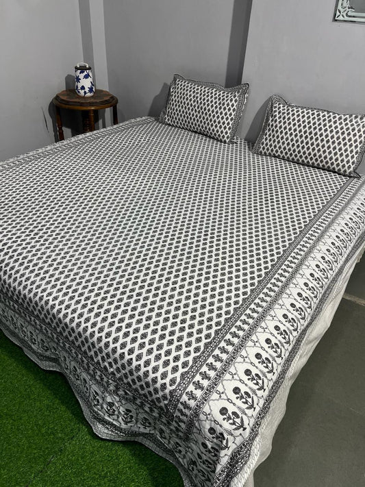 ArtbyKAMASK 100% Organic Cotton Hand Block Printed Double Bed Sheet - 210 TC Double Bed Sheet in King Size - Size - 108 X 108 Inches 274 x 274 cms) - 1 Bedsheet and 2 Pillow Covers - Surbhi Black + 2 Variants
