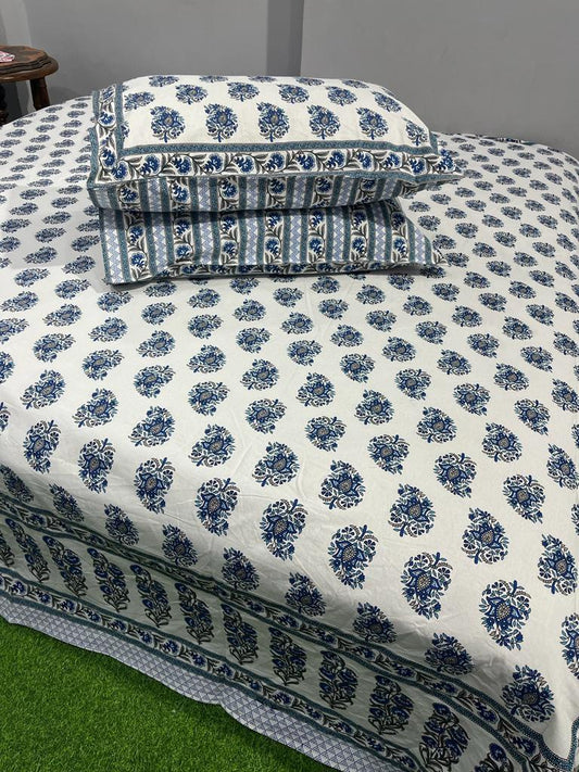 ArtbyKAMASK 100% Organic Cotton Hand Block Printed Double Bed Sheet - 210 TC Double Bed Sheet in King Size - Size - 108 X 108 Inches 274 x 274 cms) - 1 Bedsheet and 2 Pillow Covers - Suruchi Blue & Pink