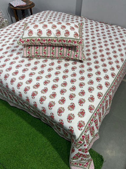 ArtbyKAMASK 100% Organic Cotton Hand Block Printed Double Bed Sheet - 210 TC Double Bed Sheet in King Size - Size - 108 X 108 Inches 274 x 274 cms) - 1 Bedsheet and 2 Pillow Covers - Suruchi Blue & Pink