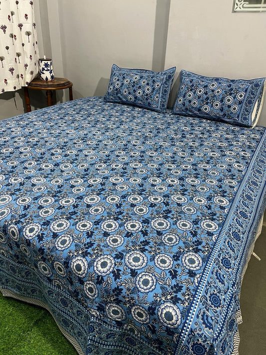 ArtbyKAMASK 100% Organic Cotton Hand Block Printed Double Bed Sheet - 210 TC Double Bed Sheet in Queen Size - Size - 90 X 108 Inches (228 x 274 cms) - 1 Bedsheet and 2 Pillow Covers - Unnati Blue & Pink