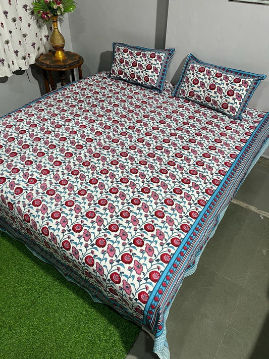 ArtbyKAMASK 100% Organic Cotton Hand Block Printed Double Bed Sheet - 210 TC Double Bed Sheet in Queen Size - Size - 90 X 108 Inches (228 x 274 cms) - 1 Bedsheet and 2 Pillow Covers - Vaani Blue + 2 Variants