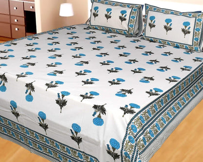 ArtbyKAMASK 100% Organic Cotton Hand Block Printed Double Bed Sheet - 210 TC Double Bed Sheet in Queen Size - Size - 90 X 108 Inches (228 x 274 cms) - 1 Bedsheet and 2 Pillow Covers - Beela Blue & Orange