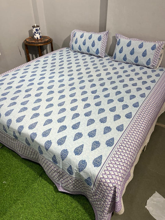 ArtbyKAMASK 100% Organic Cotton Hand Block Printed Double Bed Sheet 210 TC King Size 108X108 Inches 274x274 cms)-1 Bedsheet and 2 Pillow Covers - Akriti Blue & Pink