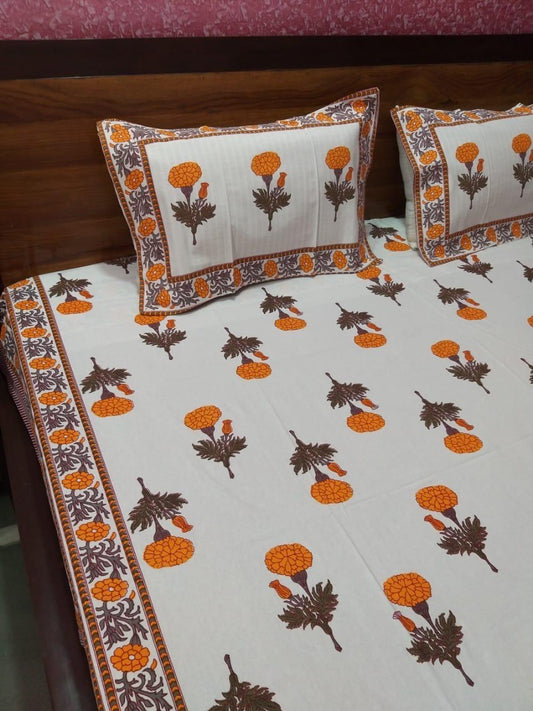 ArtbyKAMASK 100% Organic Cotton Hand Block Printed Double Bed Sheet - 210 TC Double Bed Sheet in Queen Size - Size - 90 X 108 Inches (228 x 274 cms) - 1 Bedsheet and 2 Pillow Covers - Beela Blue & Orange