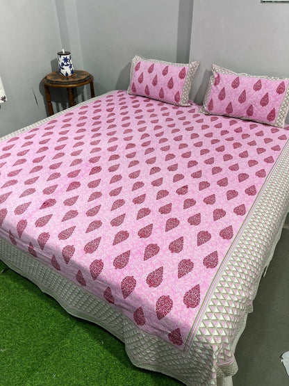 ArtbyKAMASK 100% Organic Cotton Hand Block Printed Double Bed Sheet 210 TC King Size 108X108 Inches 274x274 cms)-1 Bedsheet and 2 Pillow Covers - Akriti Blue & Pink