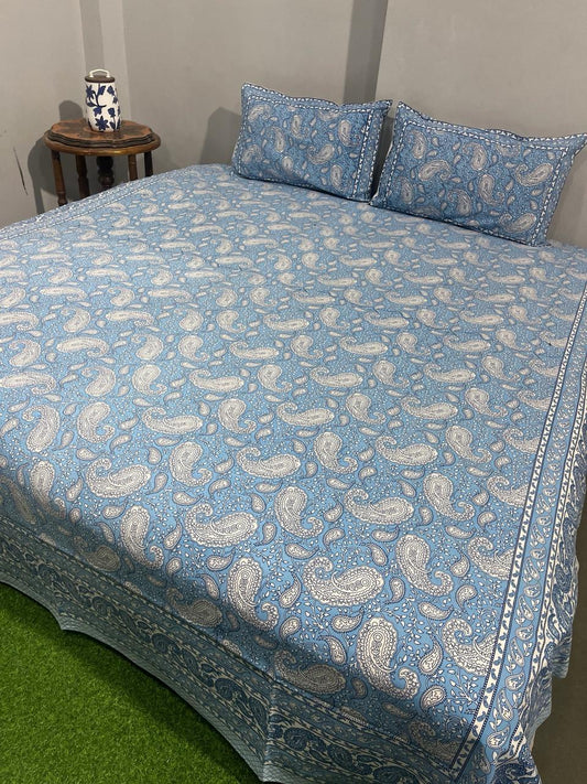 ArtbyKAMASK 100% Organic Cotton Hand Block Printed Double Bed Sheet - 210 TC Double Bed Sheet in King Size - Size - 108 X 108 Inches 274 x 274 cms) - 1 Bedsheet and 2 Pillow Covers - Nandani Blue + 2 Variants