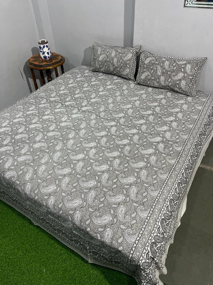 ArtbyKAMASK 100% Organic Cotton Hand Block Printed Double Bed Sheet - 210 TC Double Bed Sheet in King Size - Size - 108 X 108 Inches 274 x 274 cms) - 1 Bedsheet and 2 Pillow Covers - Nandani Blue + 2 Variants