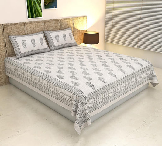 ArtbyKAMASK 100% Organic Cotton Hand Block Printed Double Bed Sheet - 210 TC Double Bed Sheet in Queen Size - Size - 90 X 108 Inches (228 x 274 cms) - 1 Bedsheet and 2 Pillow Covers - Bhavika Black + 2 Variants
