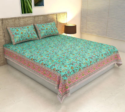 ArtbyKAMASK 100% Organic Cotton Hand Block Printed Double Bed Sheet - 210 TC Double Bed Sheet in Queen Size - Size - 90 X 108 Inches (228 x 274 cms) - 1 Bedsheet and 2 Pillow Covers - Gunjan Teal + 2 Variants