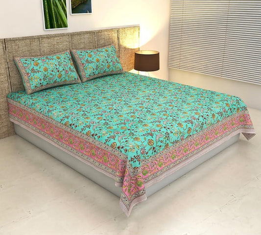 ArtbyKAMASK 100% Organic Cotton Hand Block Printed Double Bed Sheet - 210 TC Double Bed Sheet in Queen Size - Size - 90 X 108 Inches (228 x 274 cms) - 1 Bedsheet and 2 Pillow Covers - Gunjan Teal + 2 Variants