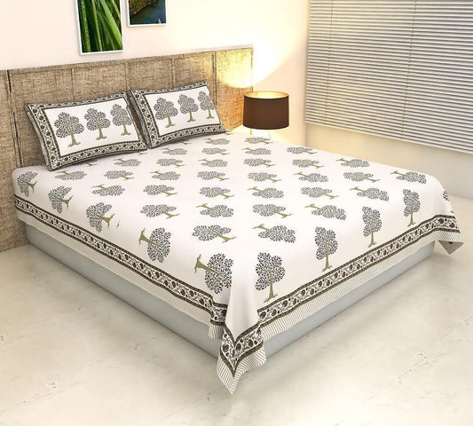 ArtbyKAMASK 100% Organic Cotton Hand Block Printed Double Bed Sheet - 210 TC Double Bed Sheet in Queen Size - Size - 90 X 108 Inches (228 x 274 cms) - 1 Bedsheet and 2 Pillow Covers - Devanshi Green + 2 Variants