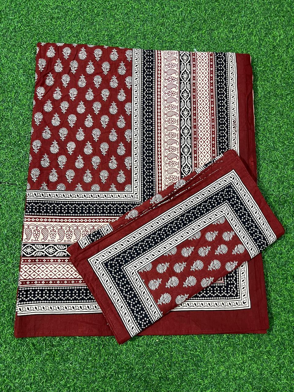ArtbyKAMASK 100% Organic Cotton Hand Block Printed Double Bed Sheet - 210 TC Double Bed Sheet in Queen Size - Size - 90 X 108 Inches (228 x 274 cms) - 1 Bedsheet and 2 Pillow Covers - Indrani White + 2 Variants
