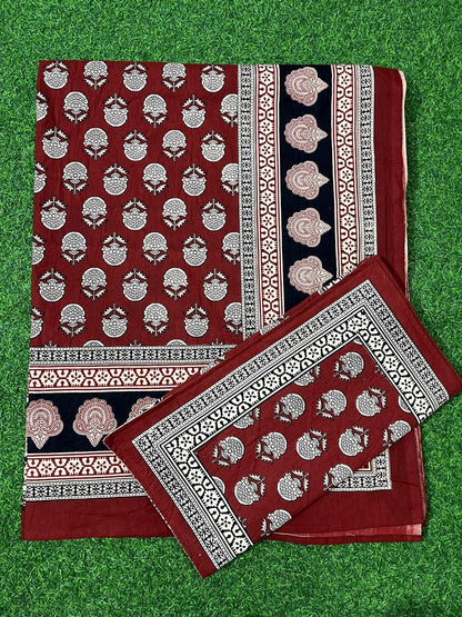 ArtbyKAMASK 100% Organic Cotton Hand Block Printed Double Bed Sheet - 210 TC Double Bed Sheet in Queen Size - Size - 90 X 108 Inches (228 x 274 cms) - 1 Bedsheet and 2 Pillow Covers - Namrata Black & Red