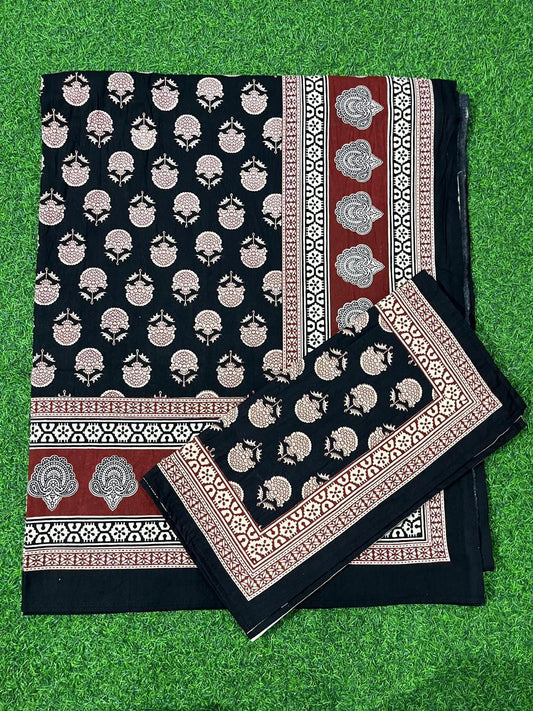 ArtbyKAMASK 100% Organic Cotton Hand Block Printed Double Bed Sheet - 210 TC Double Bed Sheet in Queen Size - Size - 90 X 108 Inches (228 x 274 cms) - 1 Bedsheet and 2 Pillow Covers - Namrata Black & Red