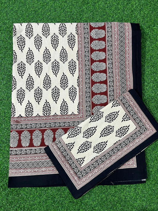 ArtbyKAMASK 100% Organic Cotton Hand Block Printed Double Bed Sheet - 210 TC Double Bed Sheet in Queen Size - Size - 90 X 108 Inches (228 x 274 cms) - 1 Bedsheet and 2 Pillow Covers - Harita Black & Red