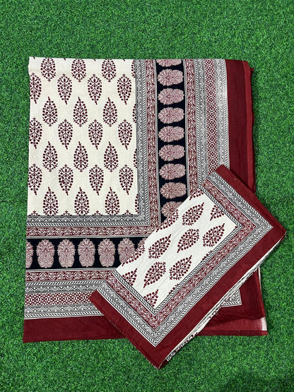 ArtbyKAMASK 100% Organic Cotton Hand Block Printed Double Bed Sheet - 210 TC Double Bed Sheet in Queen Size - Size - 90 X 108 Inches (228 x 274 cms) - 1 Bedsheet and 2 Pillow Covers - Harita Black & Red