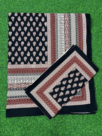 ArtbyKAMASK 100% Organic Cotton Hand Block Printed Double Bed Sheet - 210 TC Double Bed Sheet in Queen Size - Size - 90 X 108 Inches (228 x 274 cms) - 1 Bedsheet and 2 Pillow Covers - Indrani White + 2 Variants