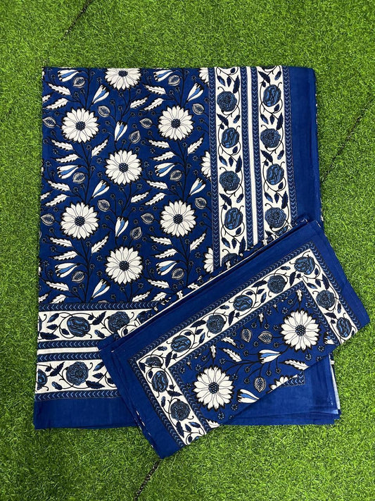 ArtbyKAMASK 100% Organic Cotton Hand Block Printed Double Bed Sheet - 210 TC Double Bed Sheet in Queen Size - Size - 90 X 108 Inches (228 x 274 cms) - 1 Bedsheet and 2 Pillow Covers - Omi Navy Blue & Grey
