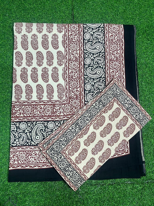 ArtbyKAMASK 100% Organic Cotton Hand Block Printed Double Bed Sheet - 210 TC Double Bed Sheet in Queen Size - Size - 90 X 108 Inches (228 x 274 cms) - 1 Bedsheet and 2 Pillow Covers - Indrani White + 2 Variants