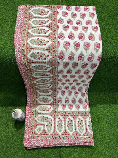 ArtbyKAMASK 100% Organic Cotton Hand Block Printed Dohar - 3 Layered Dohar in Queen Size - Size - 90 X 108 Inches (228 x 274 cms) - 1 Dohar - Pallavi Pink & Blue