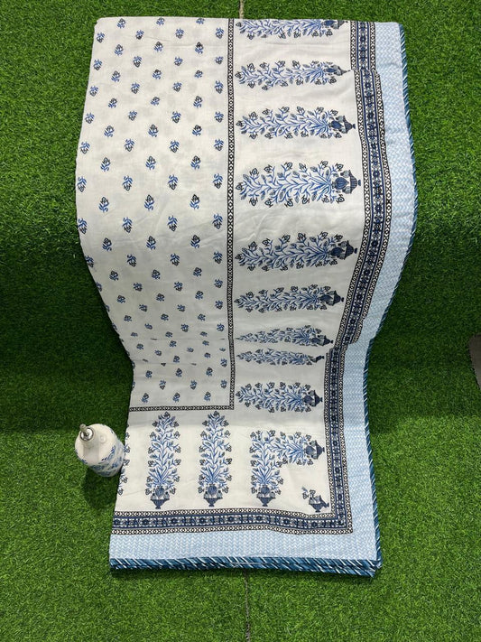 ArtbyKAMASK 100% Organic Cotton Hand Block Printed Dohar - 3 Layered Dohar in Queen Size - Size - 90 X 108 Inches (228 x 274 cms) - 1 Dohar - Kayva Blue and Pink