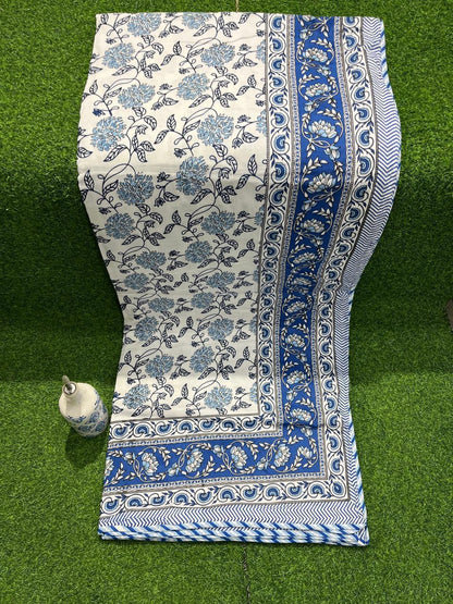 ArtbyKAMASK 100% Organic Cotton Hand Block Printed Dohar - 3 Layered Dohar in Queen Size - Size - 90 X 108 Inches (228 x 274 cms) - 1 Dohar - Karishma Green & Blue