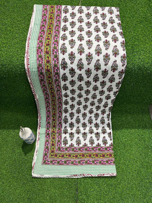 ArtbyKAMASK 100% Organic Cotton Hand Block Printed Dohar - 3 Layered Dohar in Queen Size - Size - 90 X 108 Inches (228 x 274 cms) - 1 Dohar - Namisha Green & Blue