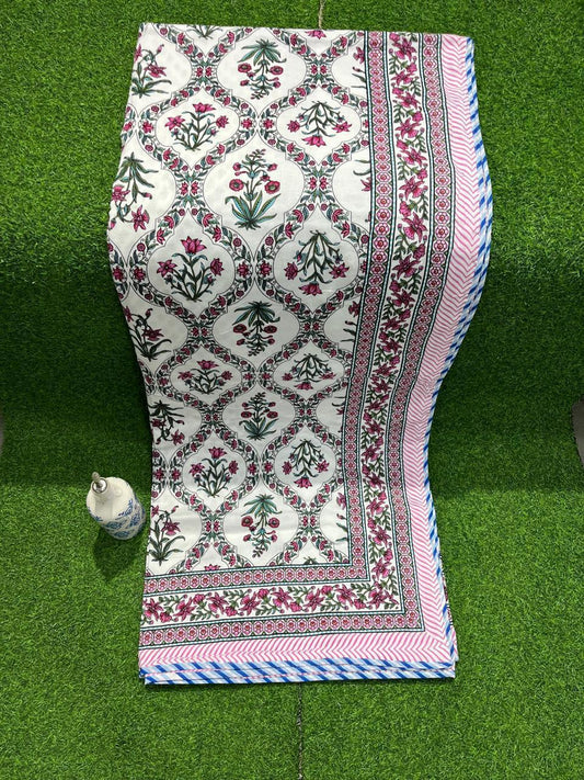 ArtbyKAMASK 100% Organic Cotton Hand Block Printed Dohar -3 Layered Dohar in Queen Size - 90X108 Inches (228x274 cms) - 1 Dohar - Avantika Pink & Blue