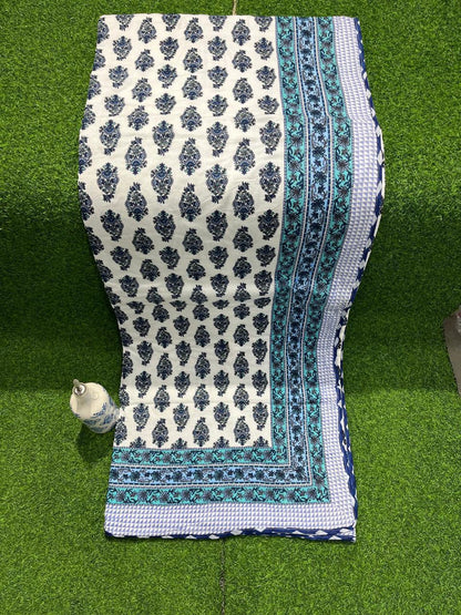 ArtbyKAMASK 100% Organic Cotton Hand Block Printed Dohar - 3 Layered Dohar in Queen Size - Size - 90 X 108 Inches (228 x 274 cms) - 1 Dohar - Namisha Green & Blue