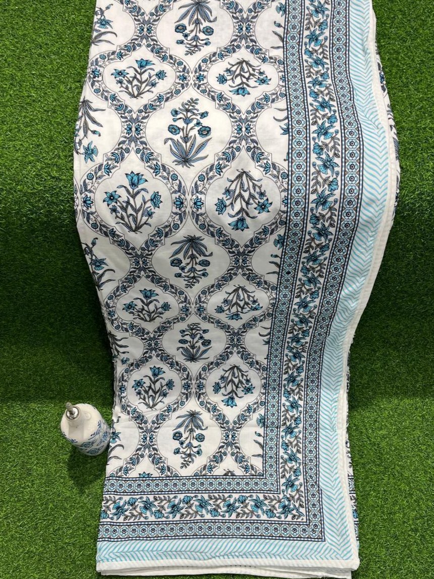 ArtbyKAMASK 100% Organic Cotton Hand Block Printed Dohar -3 Layered Dohar in Queen Size - 90X108 Inches (228x274 cms) - 1 Dohar - Avantika Pink & Blue