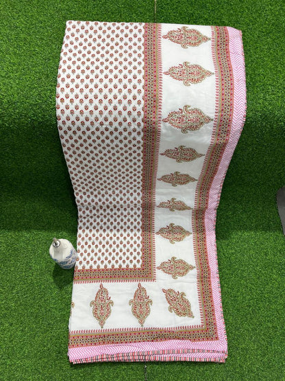 ArtbyKAMASK 100% Organic Cotton Hand Block Printed Dohar - 3 Layered Dohar in Queen Size - Size - 90 X 108 Inches (228 x 274 cms) - 1 Dohar - Varsha Blue & Pink