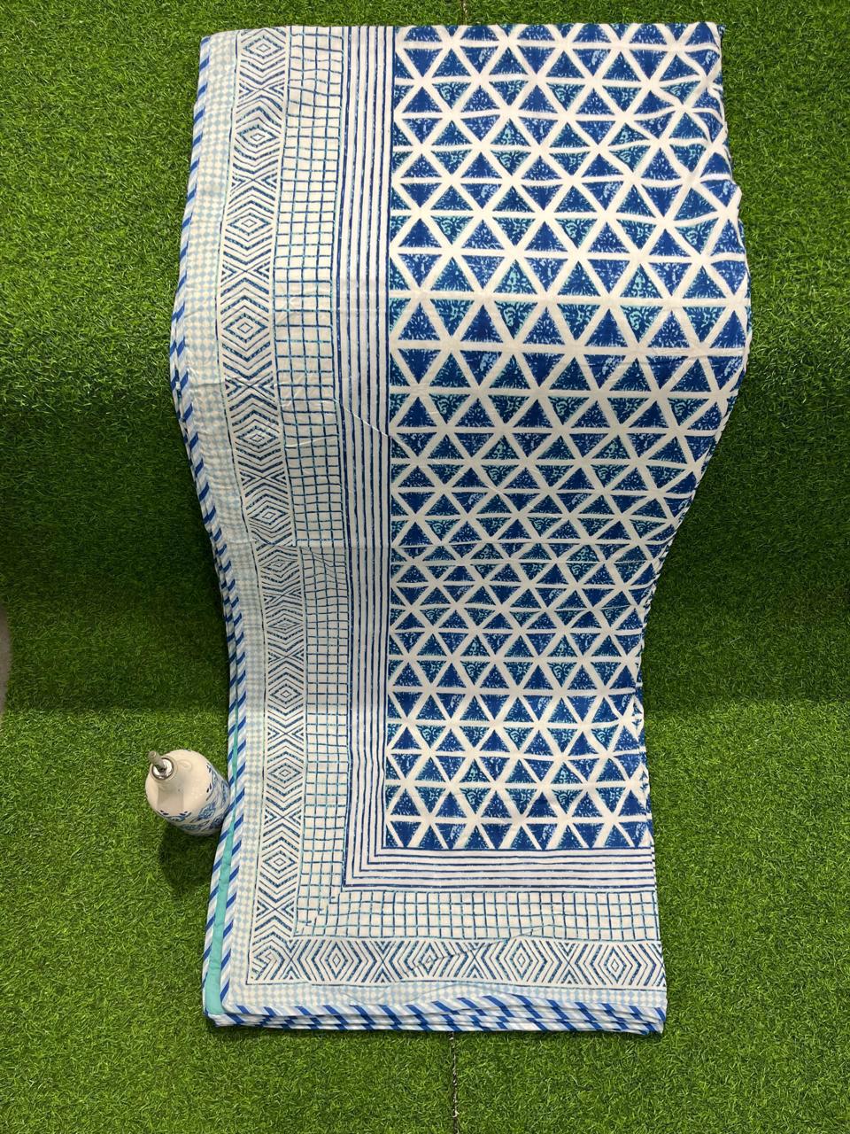 ArtbyKAMASK 100% Organic Cotton Hand Block Printed Dohar - 3 Layered Dohar in Queen Size - Size - 90 X 108 Inches (228 x 274 cms) - 1 Dohar - Purnima Blue & Black