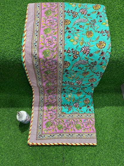 ArtbyKAMASK 100% Organic Cotton Hand Block Printed Dohar - 3 Layered Dohar in Queen Size - Size - 90 X 108 Inches (228 x 274 cms) - 1 Dohar - Gunjan Teal & Grey