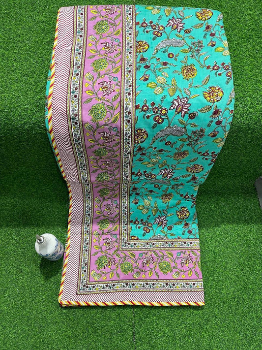 ArtbyKAMASK 100% Organic Cotton Hand Block Printed Dohar - 3 Layered Dohar in Queen Size - Size - 90 X 108 Inches (228 x 274 cms) - 1 Dohar - Gunjan Teal & Grey