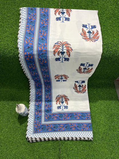 ArtbyKAMASK 100% Organic Cotton Hand Block Printed Dohar - 3 Layered Dohar in Queen Size - Size - 90 X 108 Inches (228 x 274 cms) - 1 Dohar - Lata Blue & Red