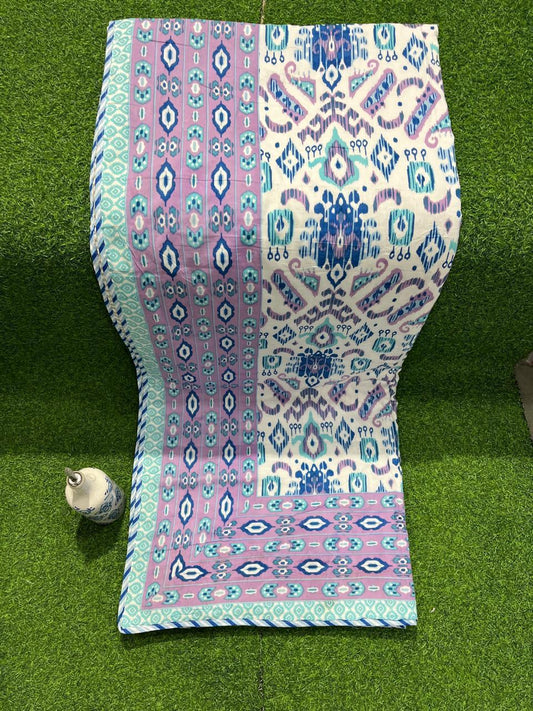 ArtbyKAMASK 100% Organic Cotton Hand Block Printed Dohar - 3 Layered Dohar in Queen Size - Size - 90 X 108 Inches (228 x 274 cms) - 1 Dohar - Ikat Blue & Orange