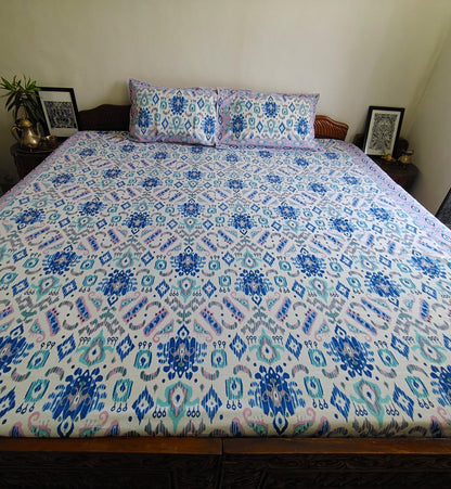 ArtbyKAMASK 100% Organic Cotton Hand Block Printed Double Bed Sheet I 210 TC Double Bed Sheet in Queen Size I Size - 90 X 108 Inches (228 x 274 cms) I 1 Bedsheet and 2 Pillow Covers I Ikat Blue & White + 2 colors