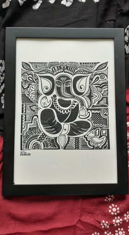 ArtbyKAMASK Originals Artwork Home Decor I A4 Size Frame with Acrylic Face I 9 x 12 Inches (29.7 x 21 cms) I Ganpati Abstract Artwork I Ganesh Abstract Grid - In Pen & Ink