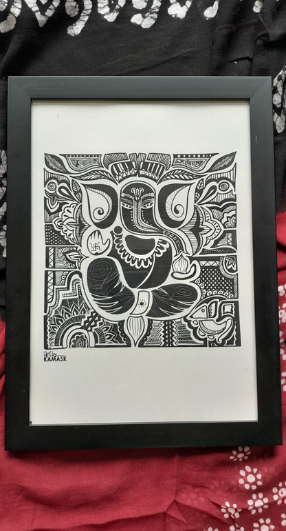 ArtbyKAMASK Originals Artwork Home Decor I A4 Size Frame with Acrylic Face I 9 x 12 Inches (29.7 x 21 cms) I Ganpati Abstract Artwork I Ganpati Abstract Grid - In Pen & Ink